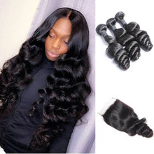 Load image into Gallery viewer, Loose Wave Hair 3 Bundles with 4x4 Lace Closure