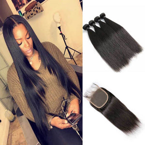 Straight Hair 4 Bundles With 4x4 Lace Closure