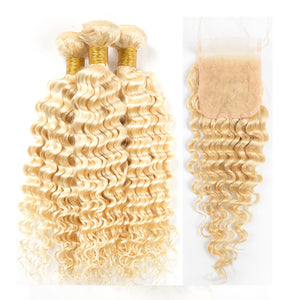 Color 613# Deep Wave Hair 3 Bundles with Closure