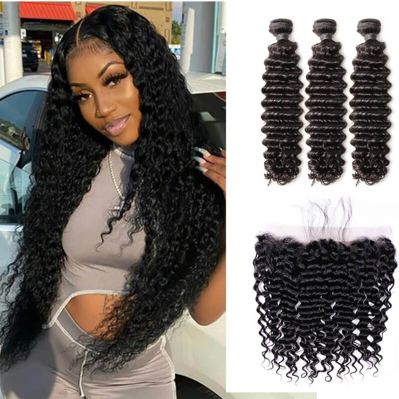 Deep Wave Hair 3 Bundles with 13x4 Frontal