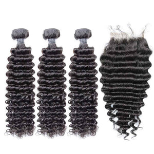 Deep Wave Hair 3 Bundles with 4x4 Lace Closure