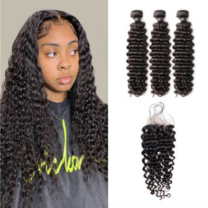Deep Wave Hair 3 Bundles with 4x4 Lace Closure