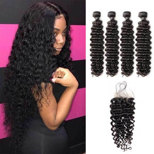 Deep Wave Hair 4 Bundles With 4x4 Lace Closure