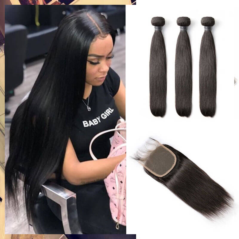 Straight Hair 3 Bundles with 4x4 Lace Closure